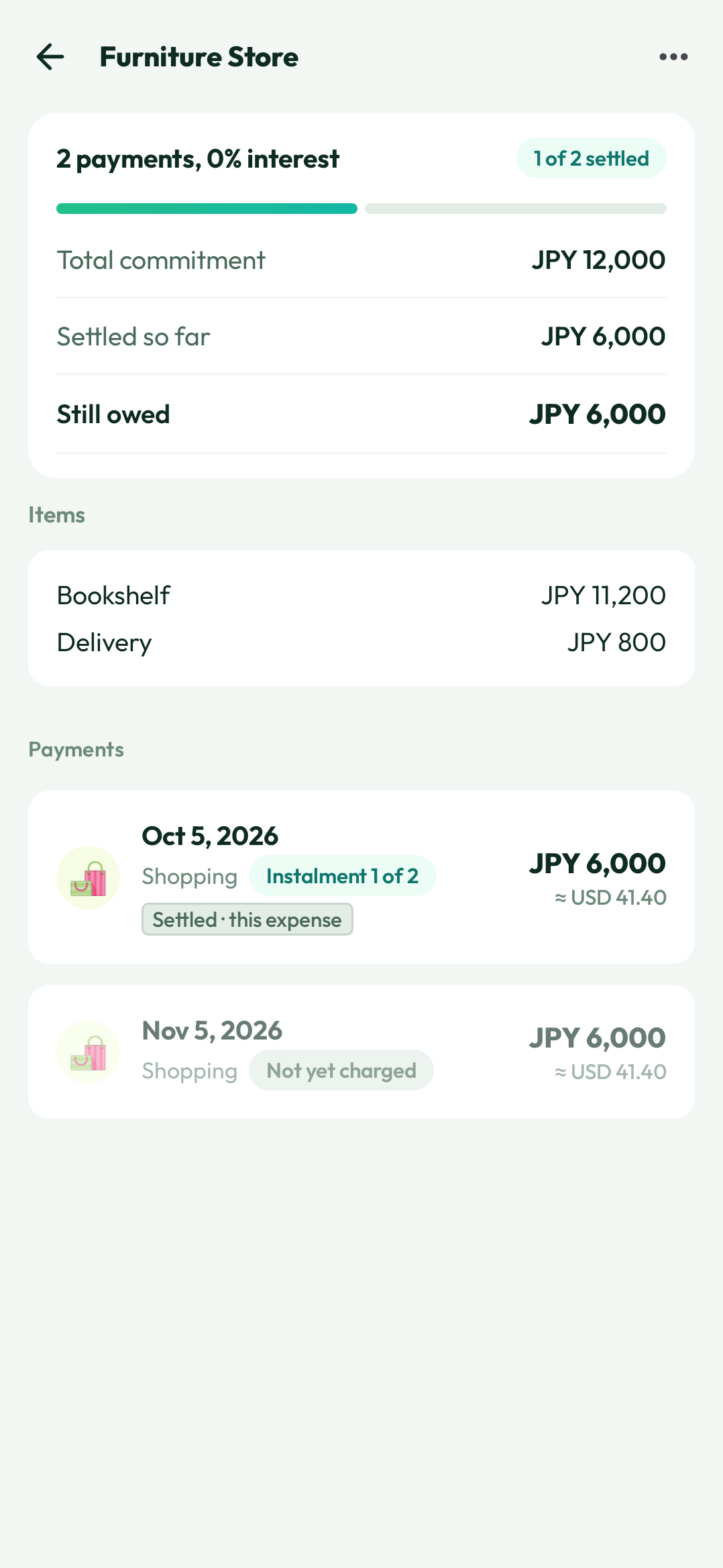 An instalment plan's own screen showing the total commitment, settled so far, still owed, the items, and each payment