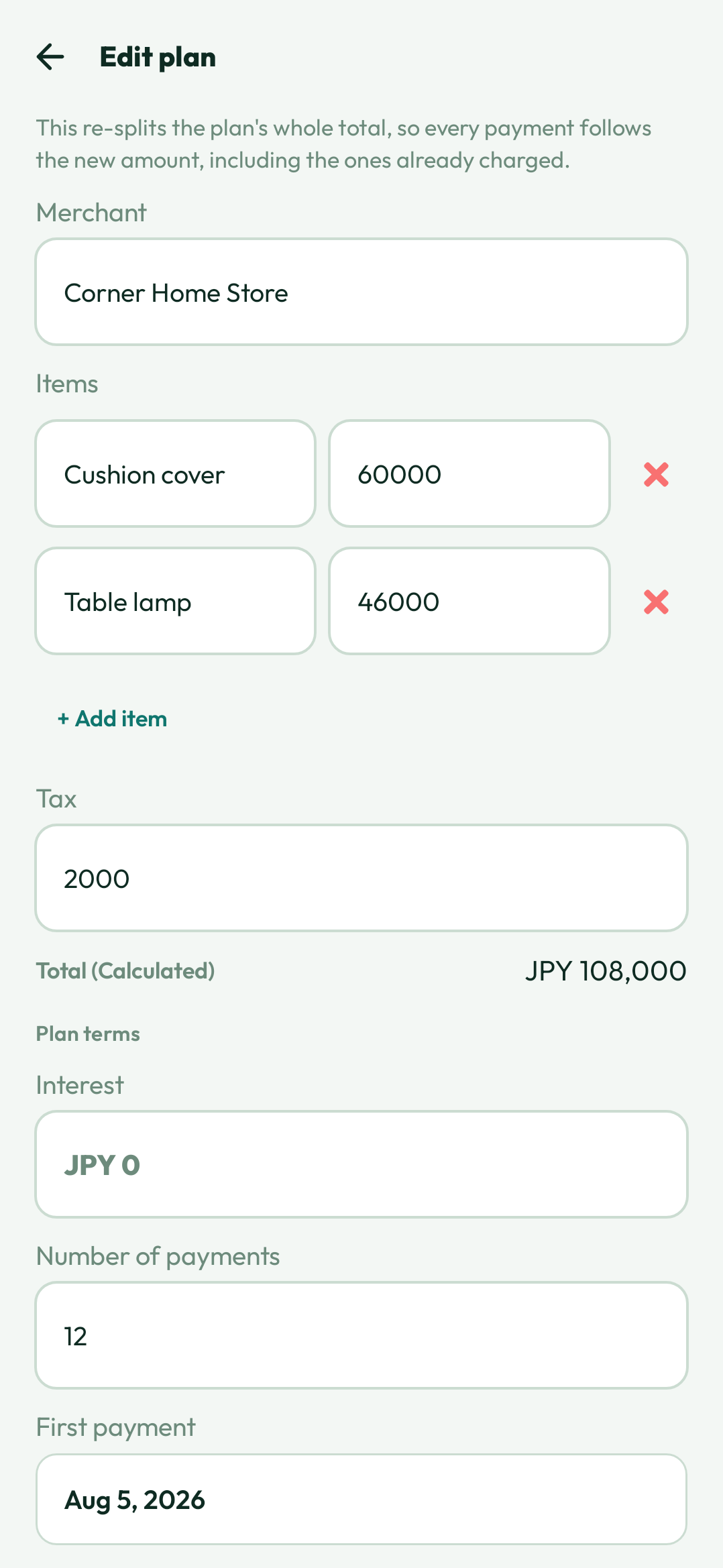 Editing an instalment plan in Numza, with the purchase, the items, the total and the plan terms in one screen