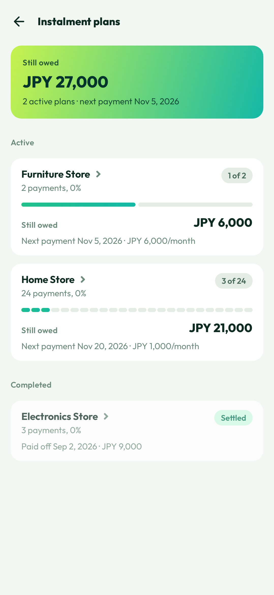 The Instalment plans screen in Numza, with active plans, still owed and the next payment date