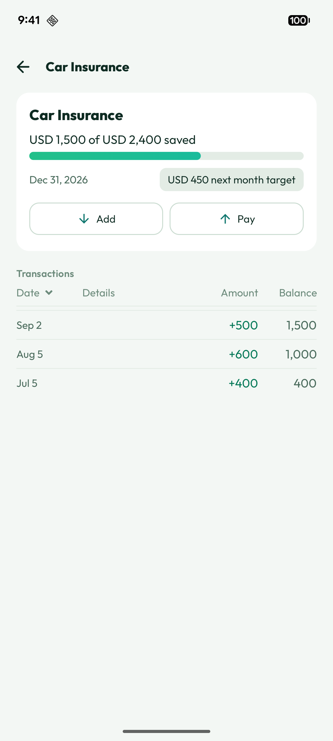 Sinking Fund detail in Numza showing the monthly target, saved amount, and the Pay button