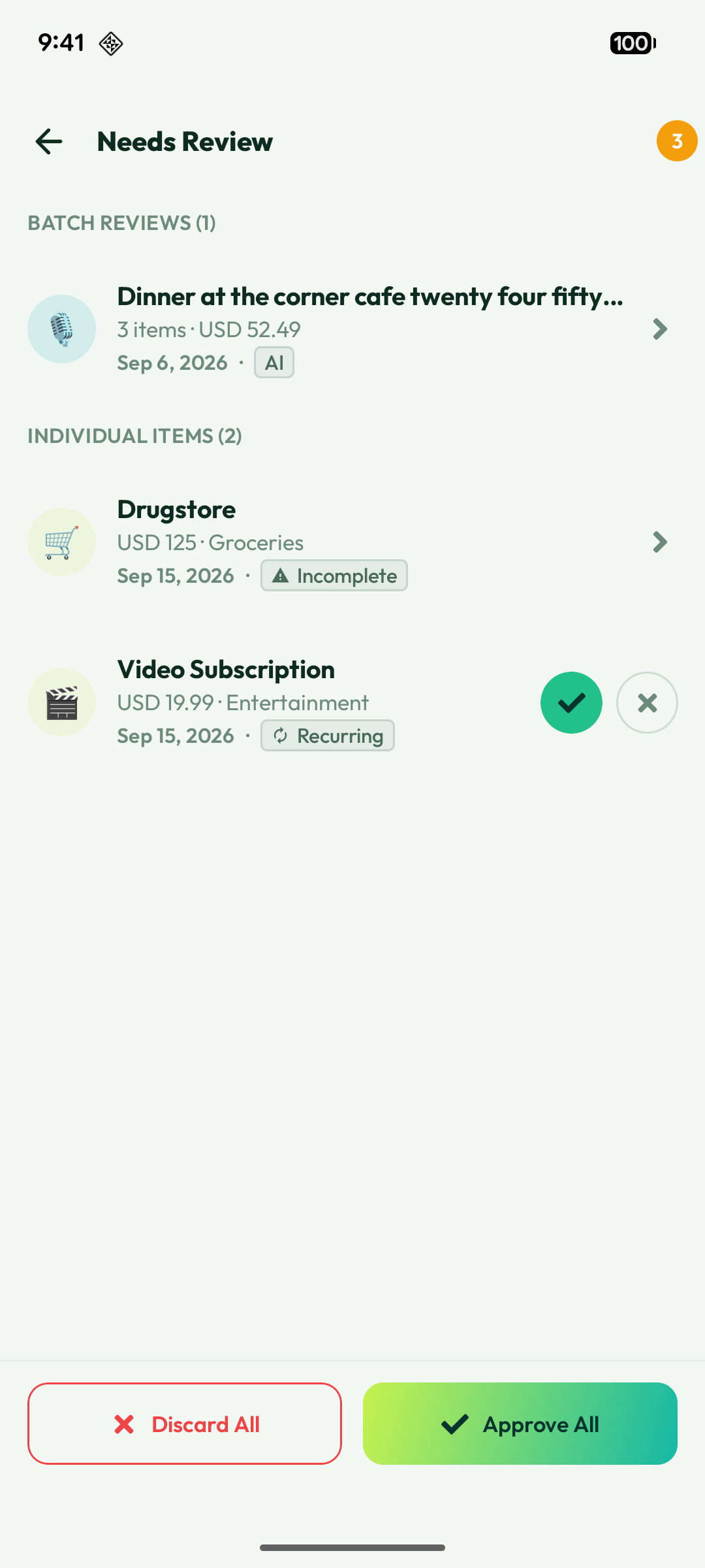 The Needs Review hub in Numza with the Voice Notes section and its On-Device or AI badge