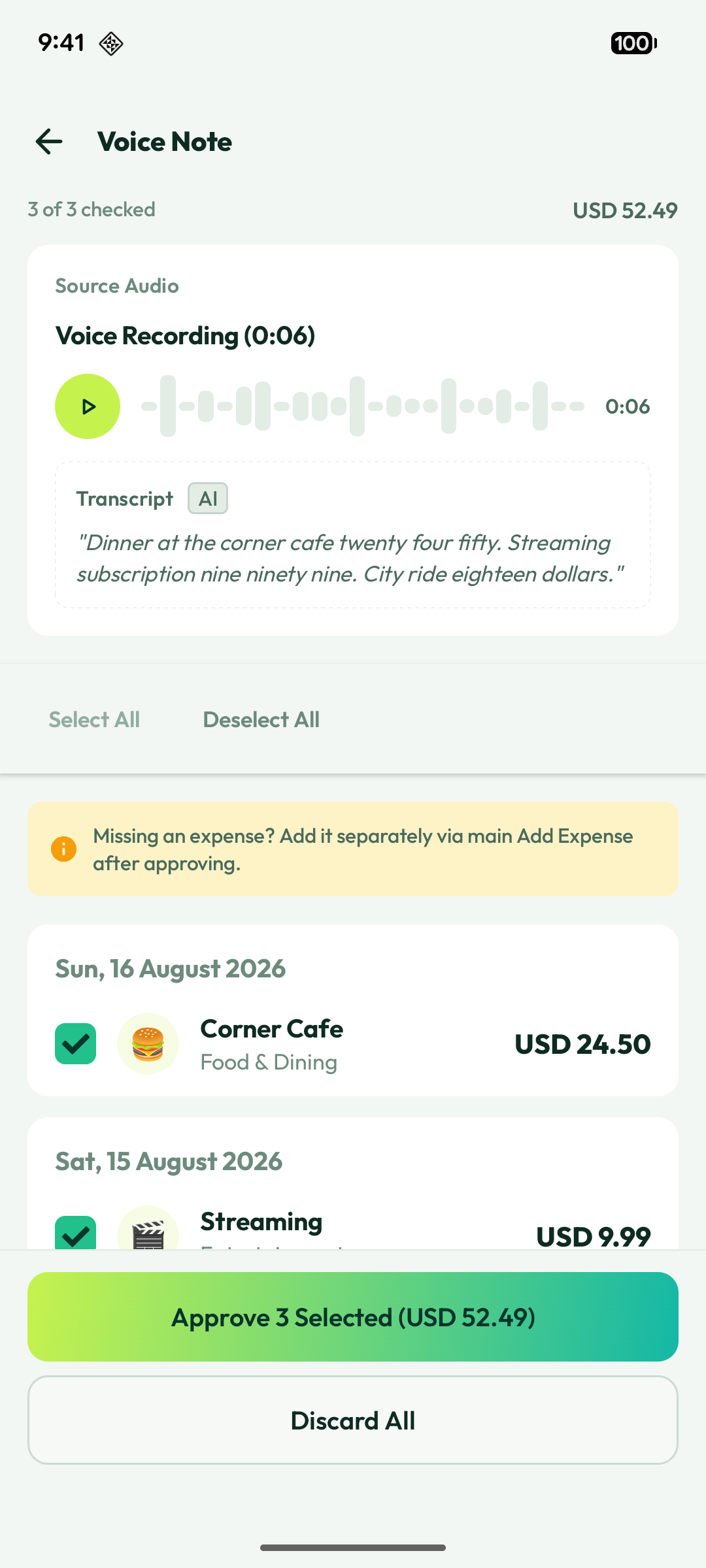 Voice Note Review in Numza showing the soundwave, the audio player, and the transcript