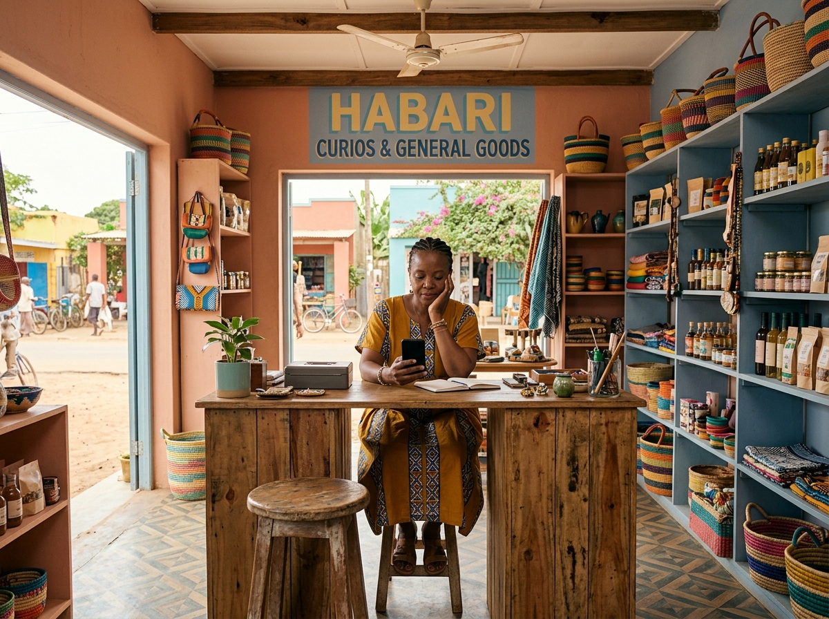 African shop owner reviewing savings budget on smartphone behind counter