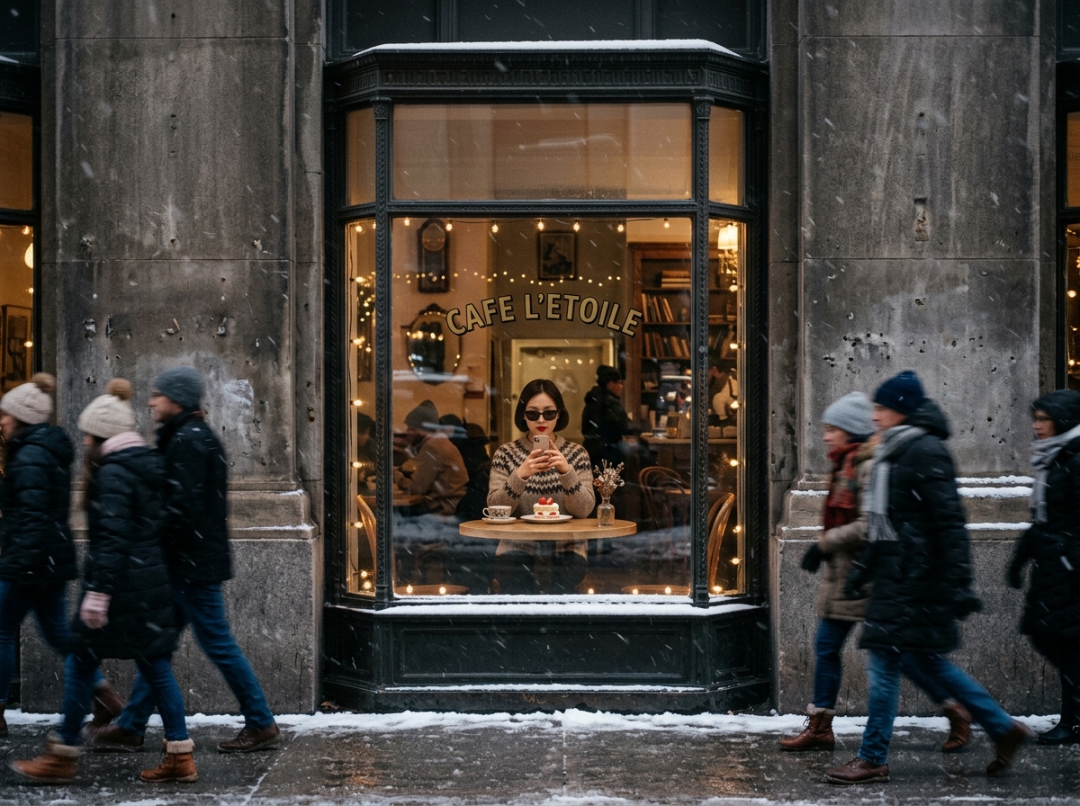 Korean lady in sunglasses photographing dessert inside a CBD winter café