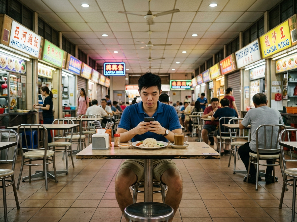 Young Asian man looking at smartphone at Singapore hawker food court table