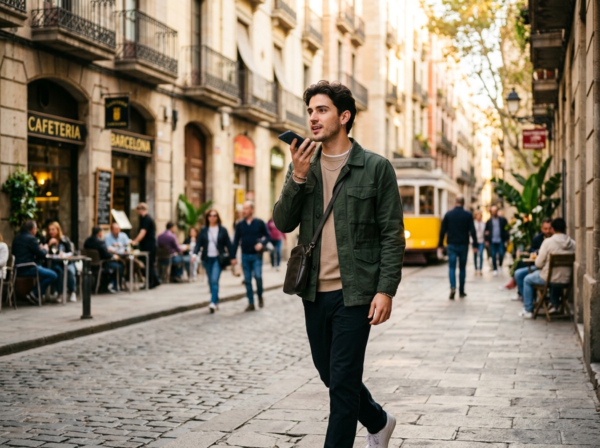 Young man recording expense voice note walking on European city street
